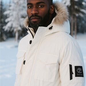 Timberland Men's Cream Puffer Jacket with Fur Hood